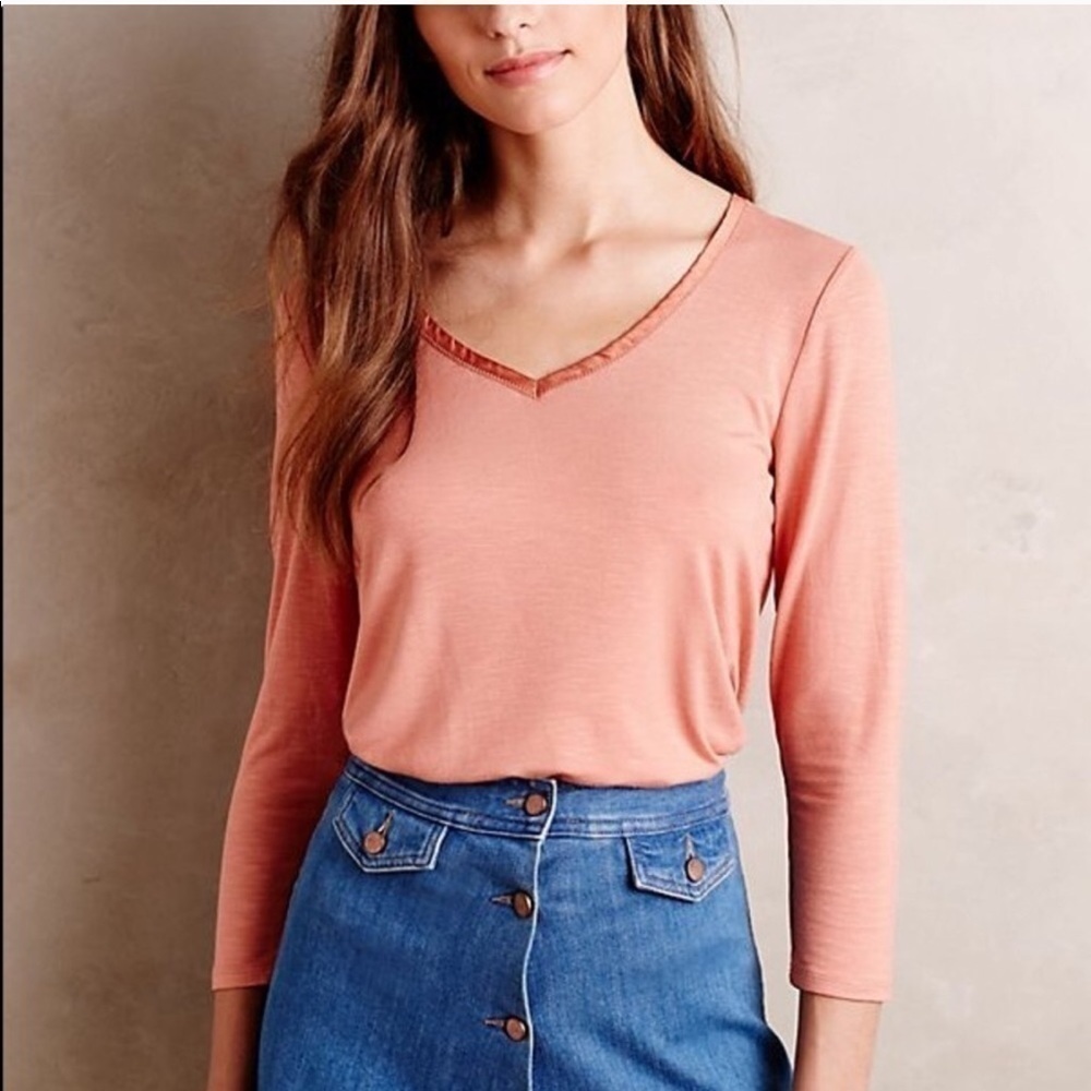 ANTHROPOLOGIE satin trim v-neck tee top - Picture 2 of 8